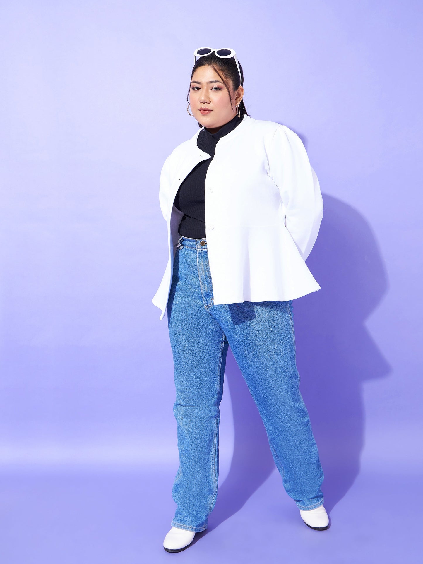White Fleece Button Peplum Jacket