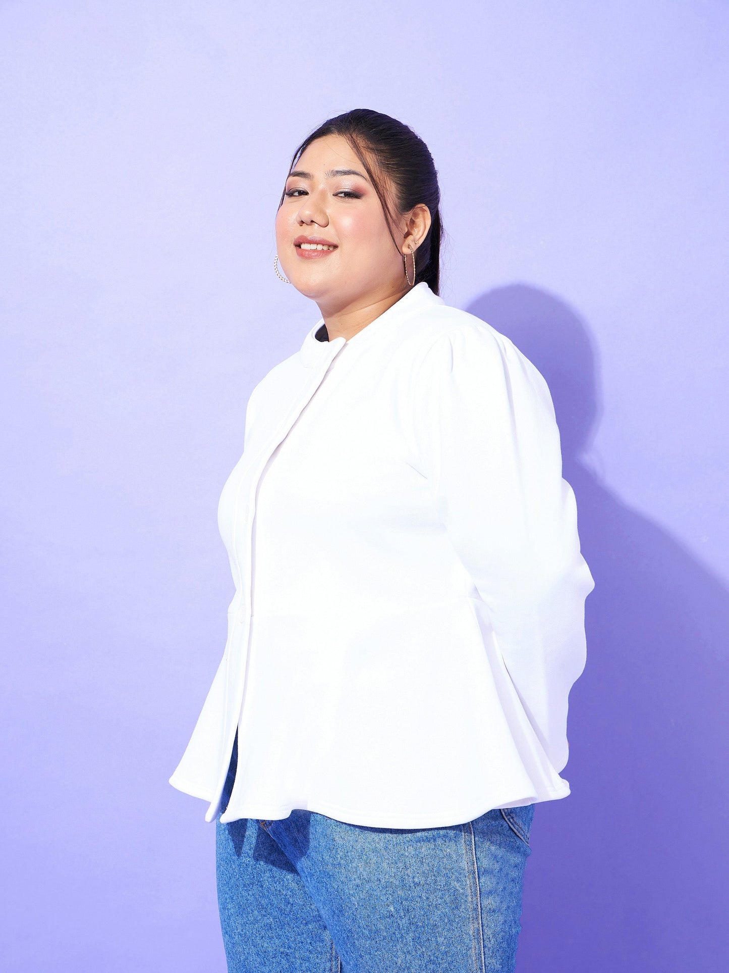 White Fleece Button Peplum Jacket