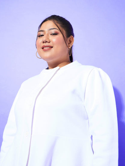 White Fleece Button Peplum Jacket