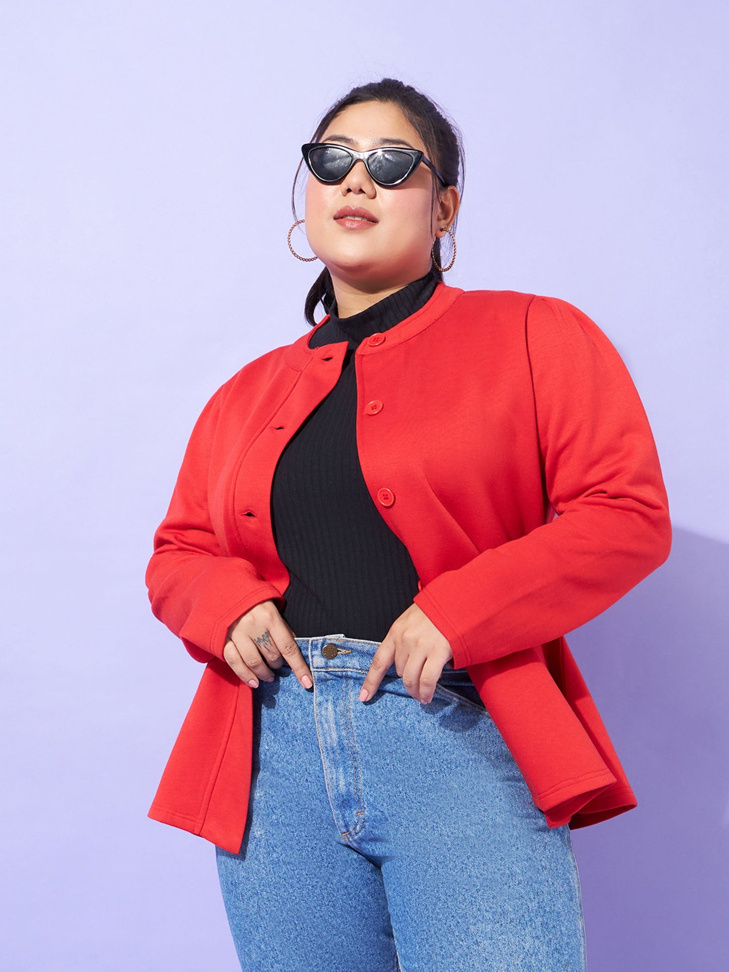 Red Fleece Button Peplum Jacket
