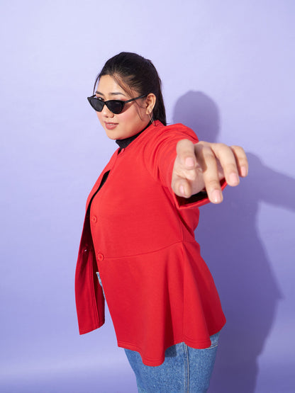 Red Fleece Button Peplum Jacket