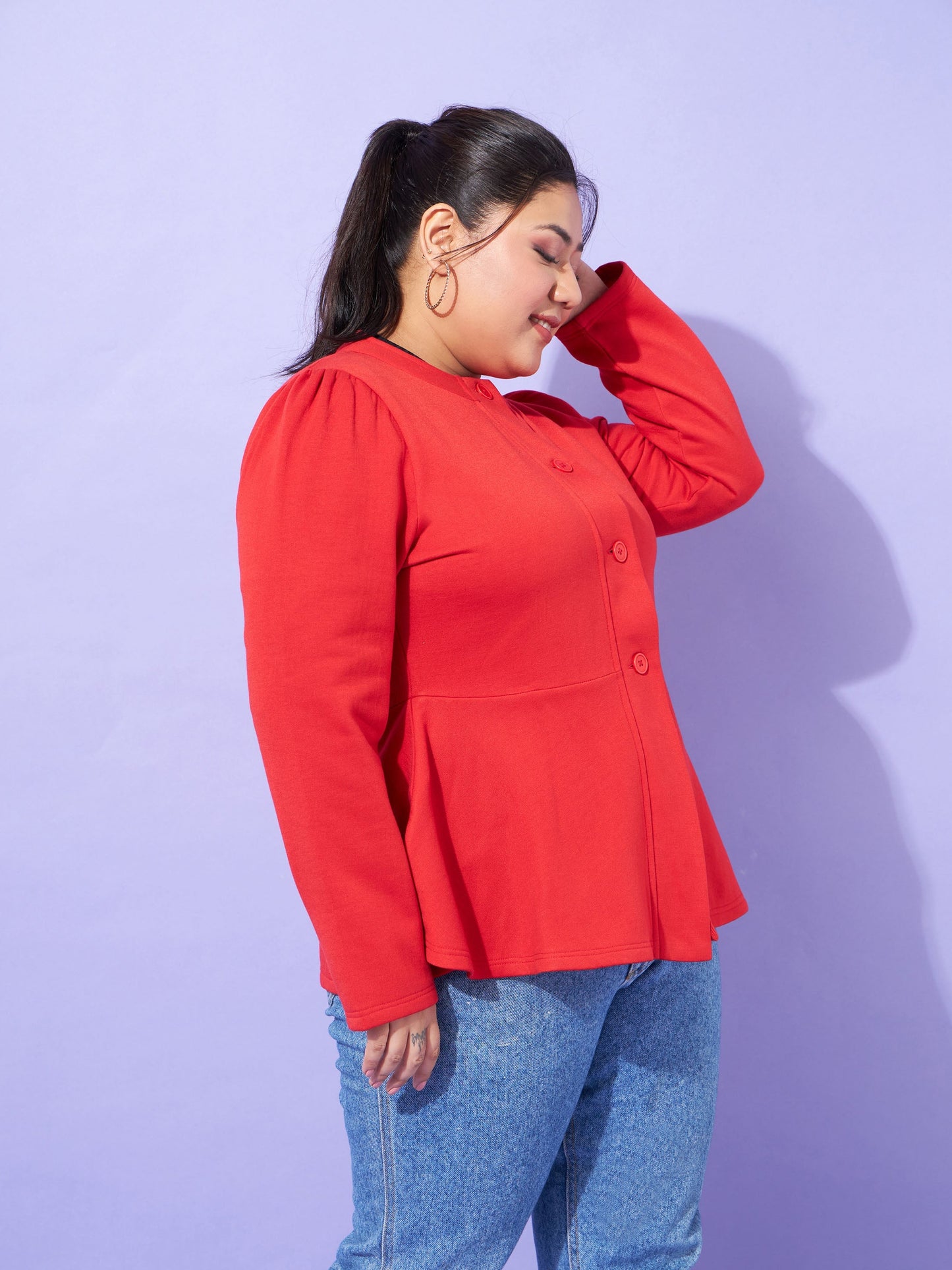 Red Fleece Button Peplum Jacket