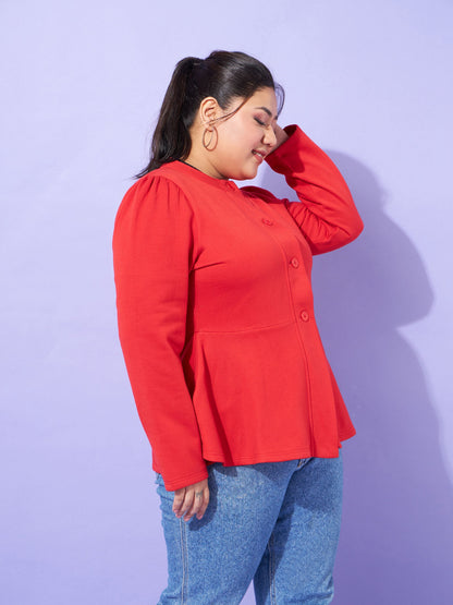 Red Fleece Button Peplum Jacket