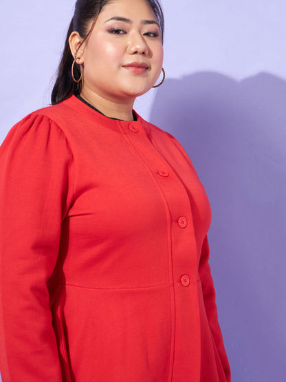 Red Fleece Button Peplum Jacket