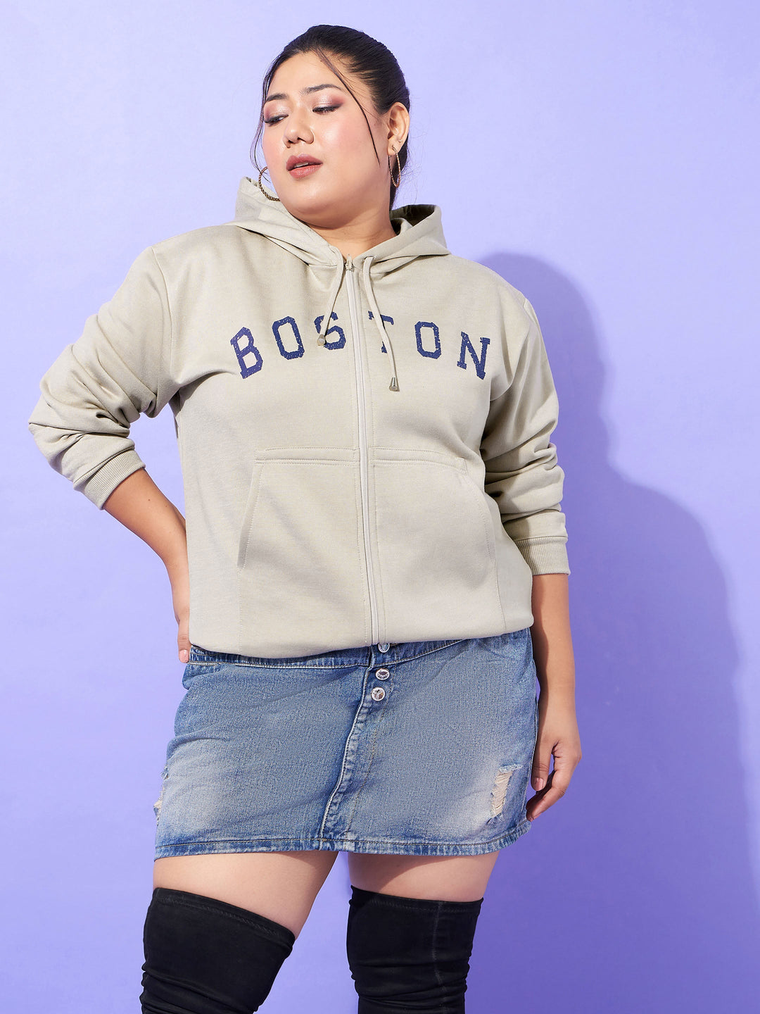 Grey BOSTON Printed Fleece Zipper Jacket -SASSAFRAS Curve