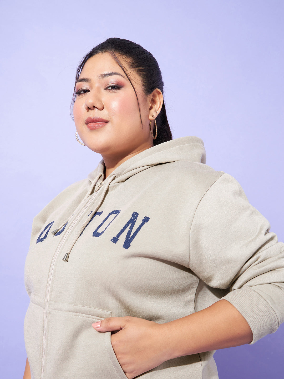 Grey BOSTON Printed Fleece Zipper Jacket -SASSAFRAS Curve