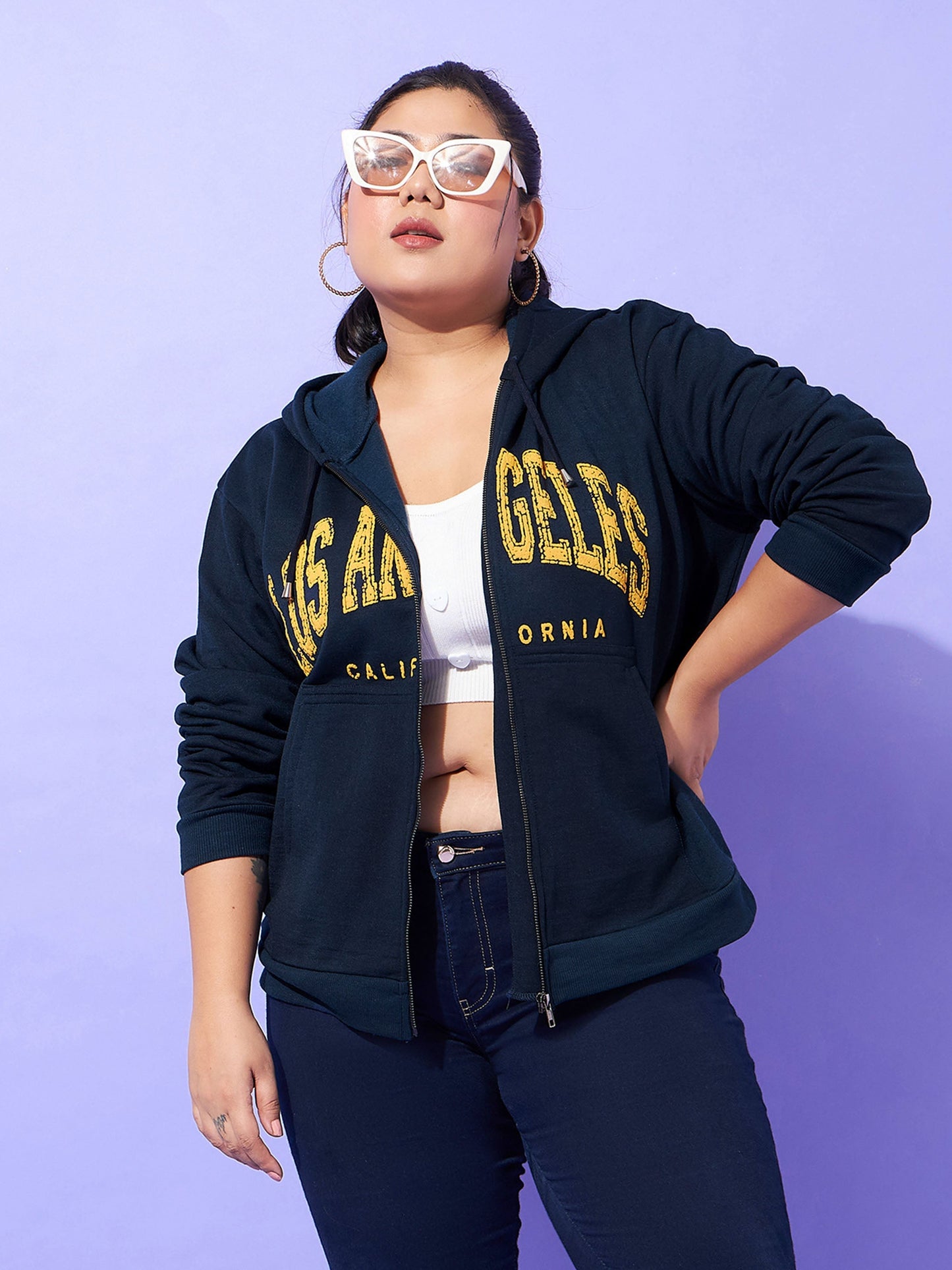 Plus size women's Blue Polycotton Blue Losangles Printed Fleece Zipper Jacket by Sassafras Curve for wholesale buyers, boutiques, resellers and bulk