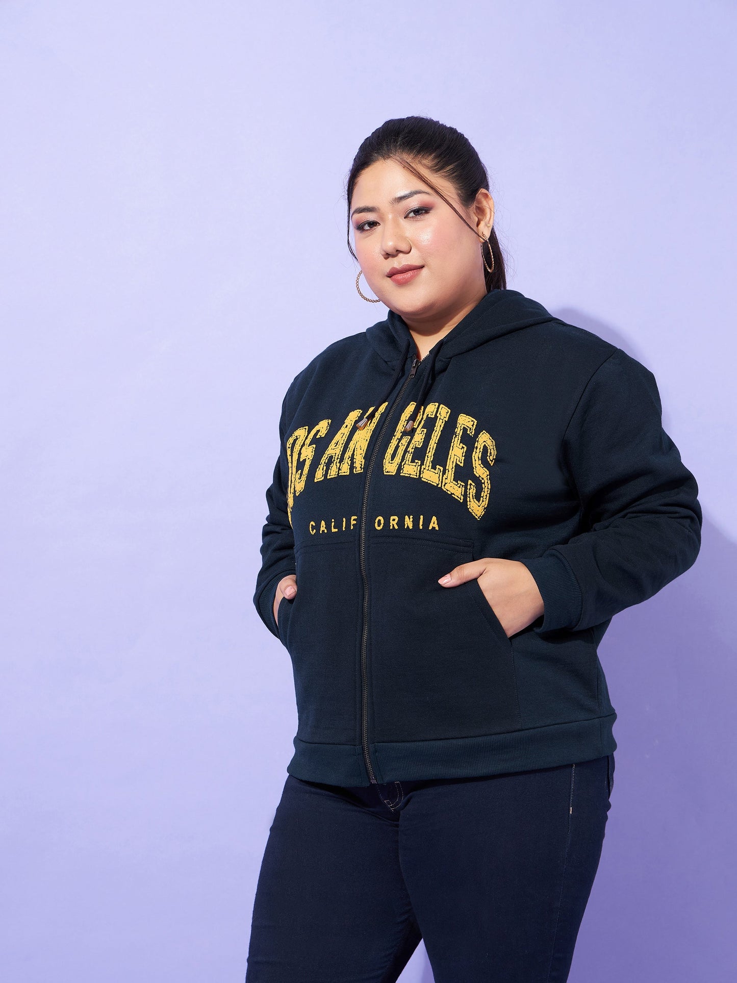 Blue LOSANGLES Printed Fleece Zipper Jacket -SASSAFRAS Curve