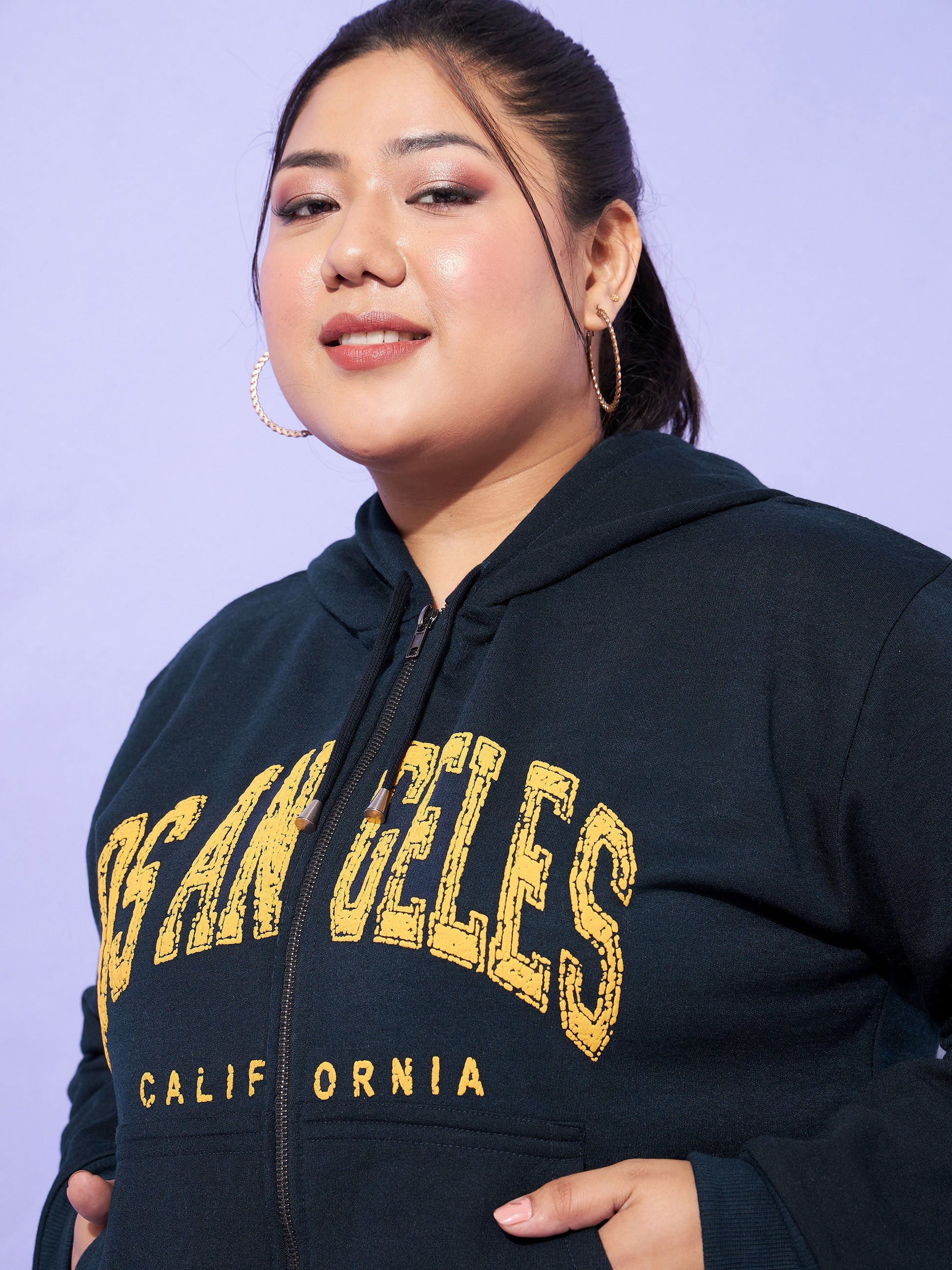 Blue LOSANGLES Printed Fleece Zipper Jacket -SASSAFRAS Curve