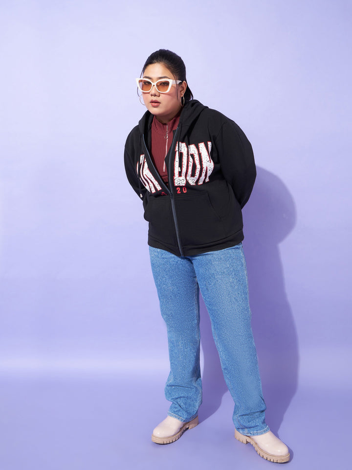 Black LONDON Printed Fleece Zipper Jacket -SASSAFRAS Curve