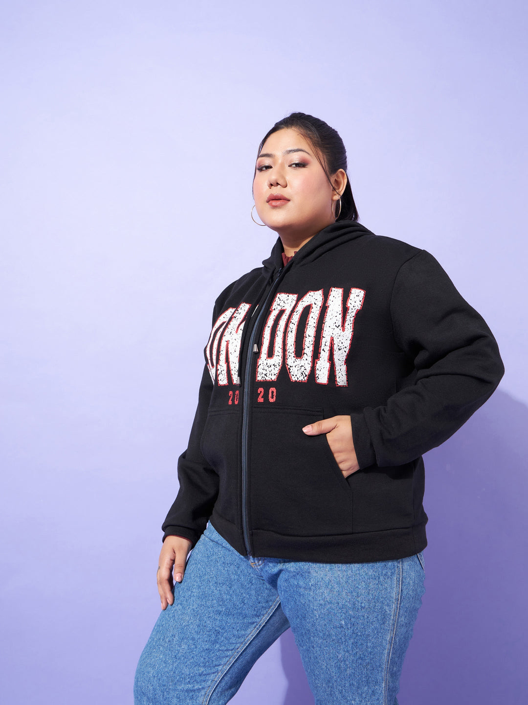 Black LONDON Printed Fleece Zipper Jacket -SASSAFRAS Curve