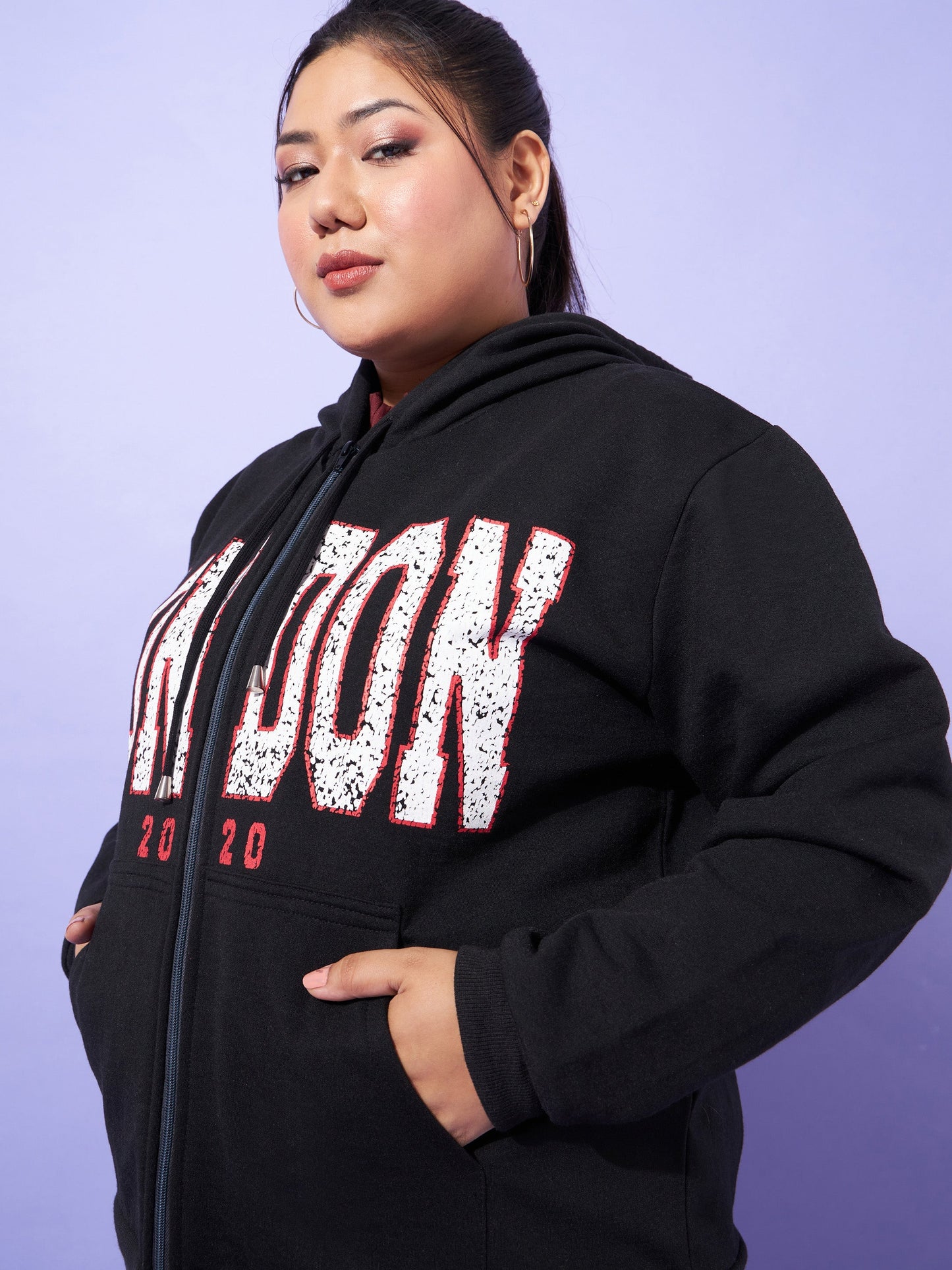 Black LONDON Printed Fleece Zipper Jacket -SASSAFRAS Curve