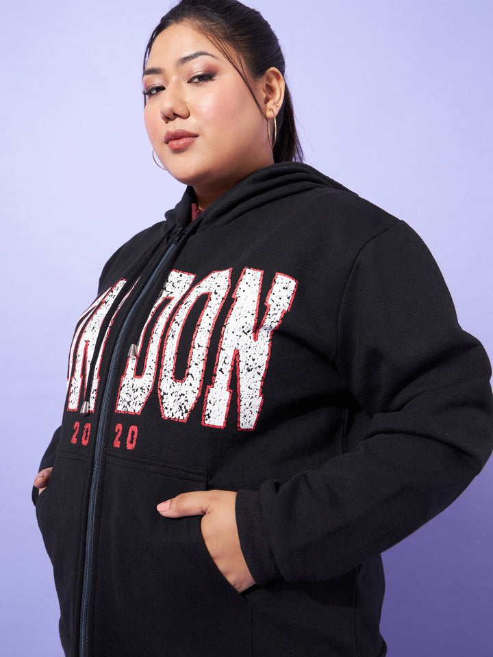 Black LONDON Printed Fleece Zipper Jacket -SASSAFRAS Curve