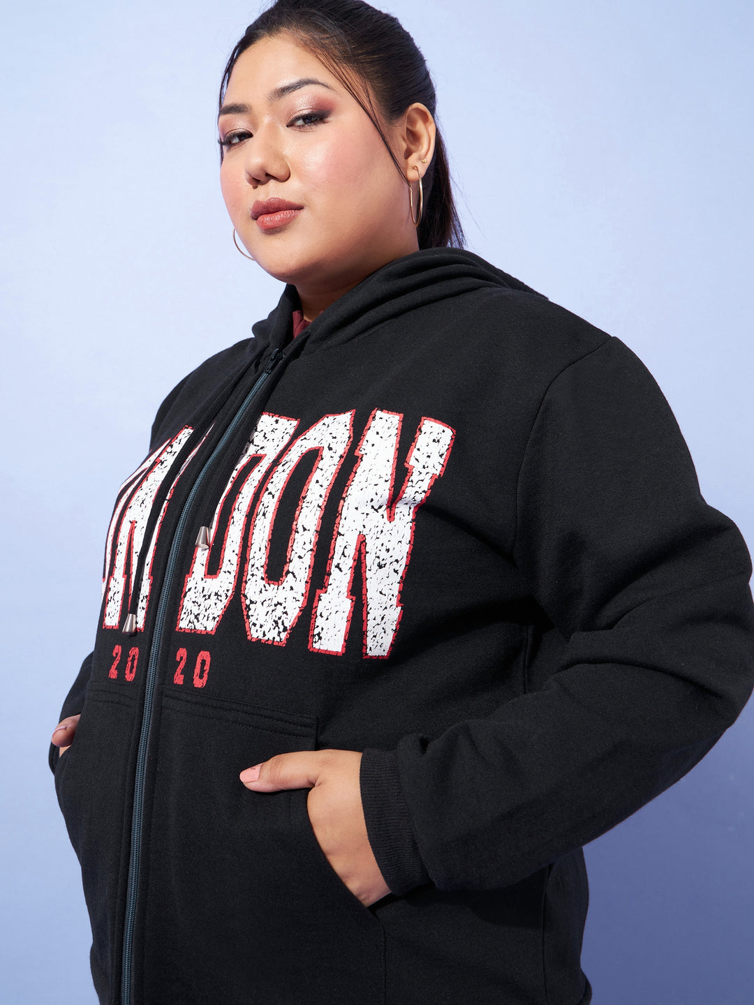 Black LONDON Printed Fleece Zipper Jacket -SASSAFRAS Curve