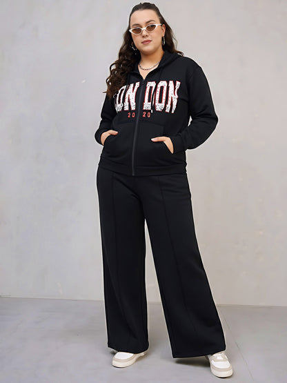 Plus size women's Black Polycotton Black London Printed Fleece Jacket With Sweatpants by Sassafras Curve for wholesale buyers, boutiques, resellers