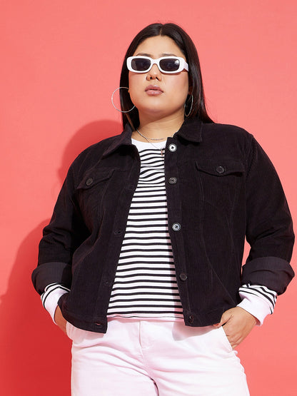 Plus size women's Black Corduroy Black Corduroy Button Jacket by Sassafras Curve for wholesale buyers, boutiques, resellers and bulk orders from
