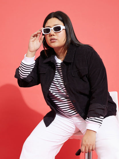 Black Corduroy Button Jacket-SASSAFRAS Curve