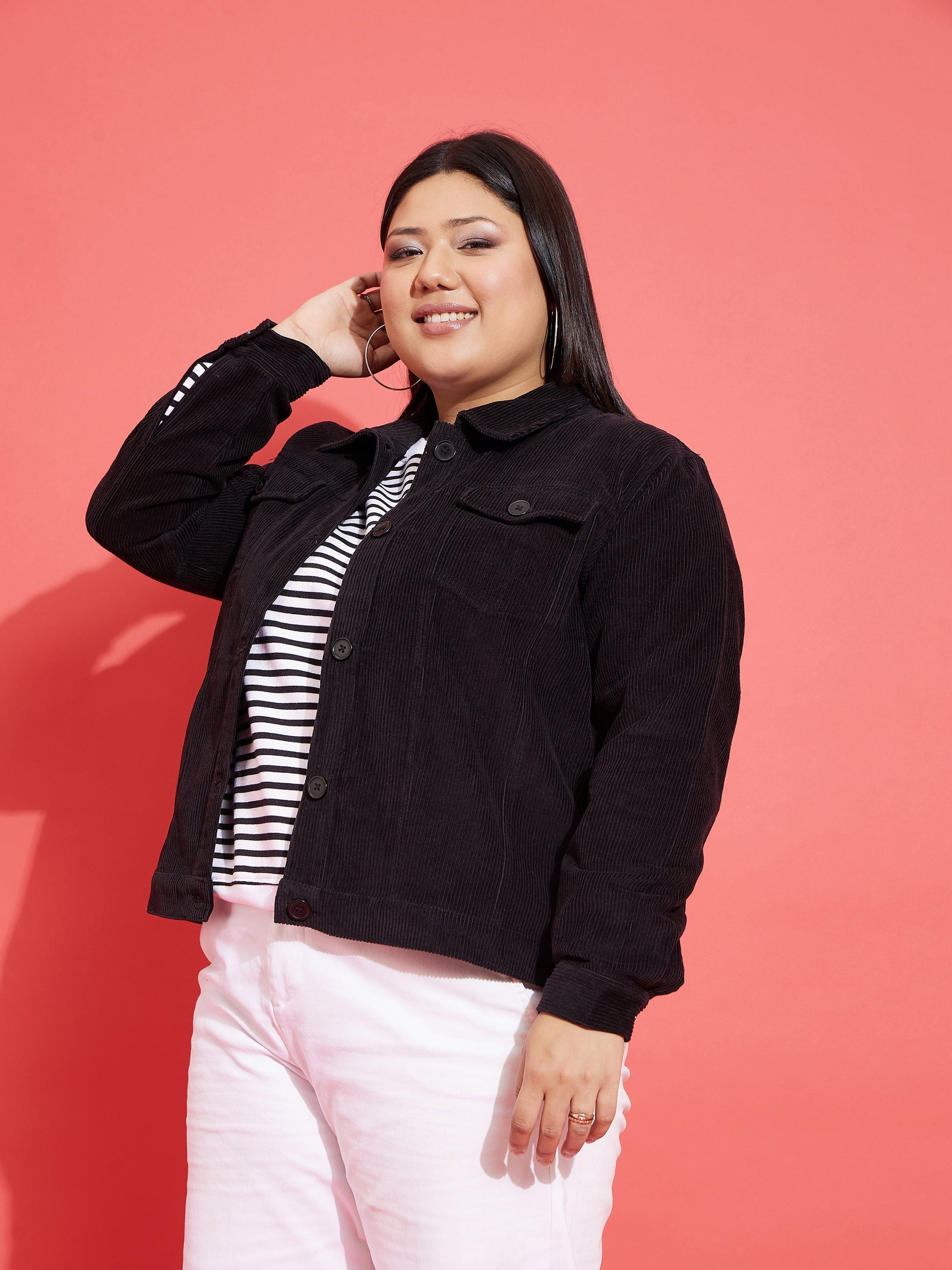 Black Corduroy Button Jacket-SASSAFRAS Curve