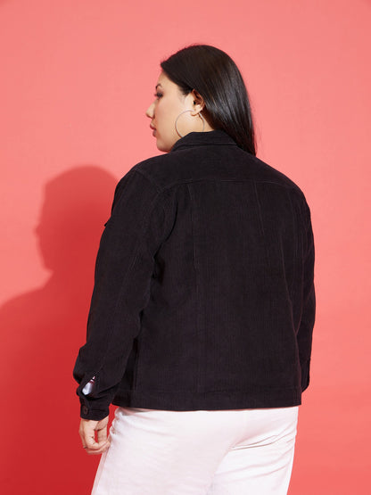 Black Corduroy Button Jacket-SASSAFRAS Curve