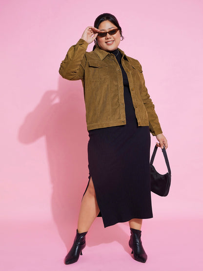 Beige Corduroy Button Jacket-SASSAFRAS Curve