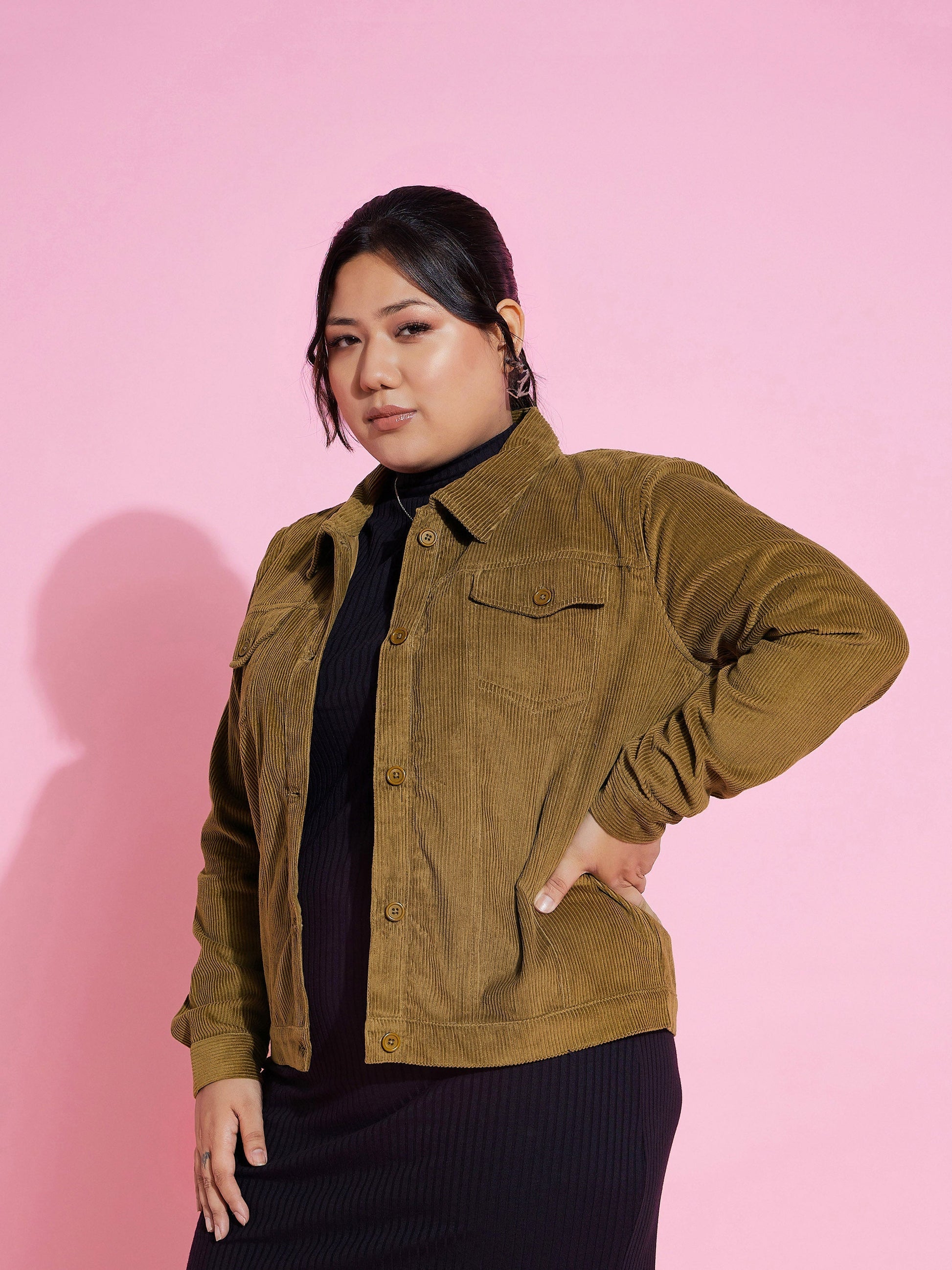 Beige Corduroy Button Jacket-SASSAFRAS Curve