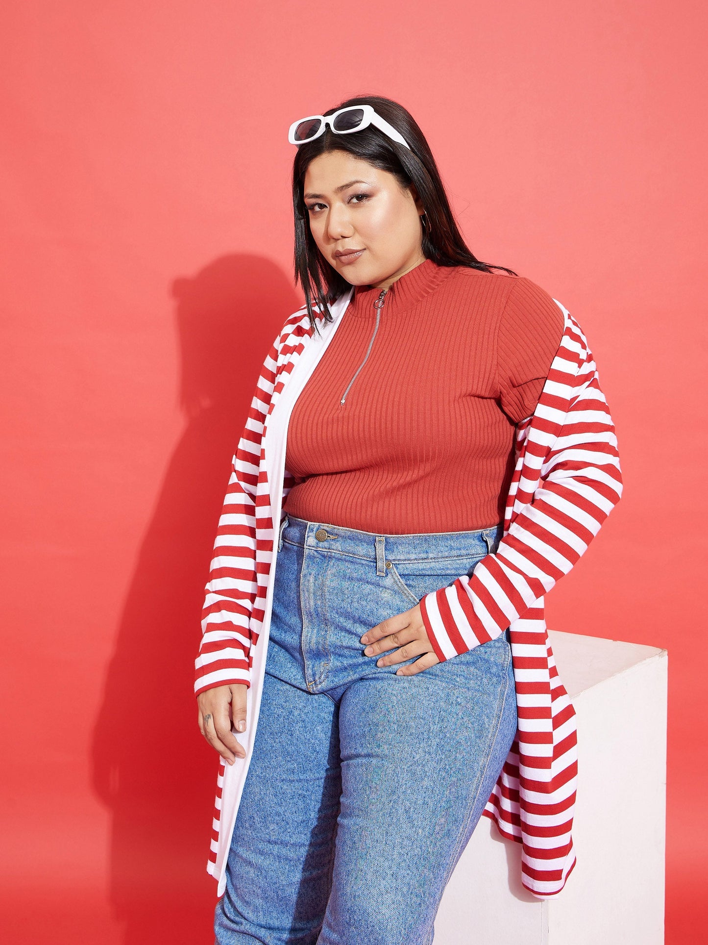 Red & White Striped Front Open Shrug