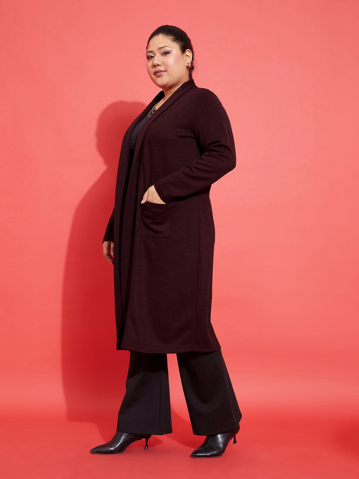 Maroon Solid Rib Front Open Shrug-SASSAFRAS Curve