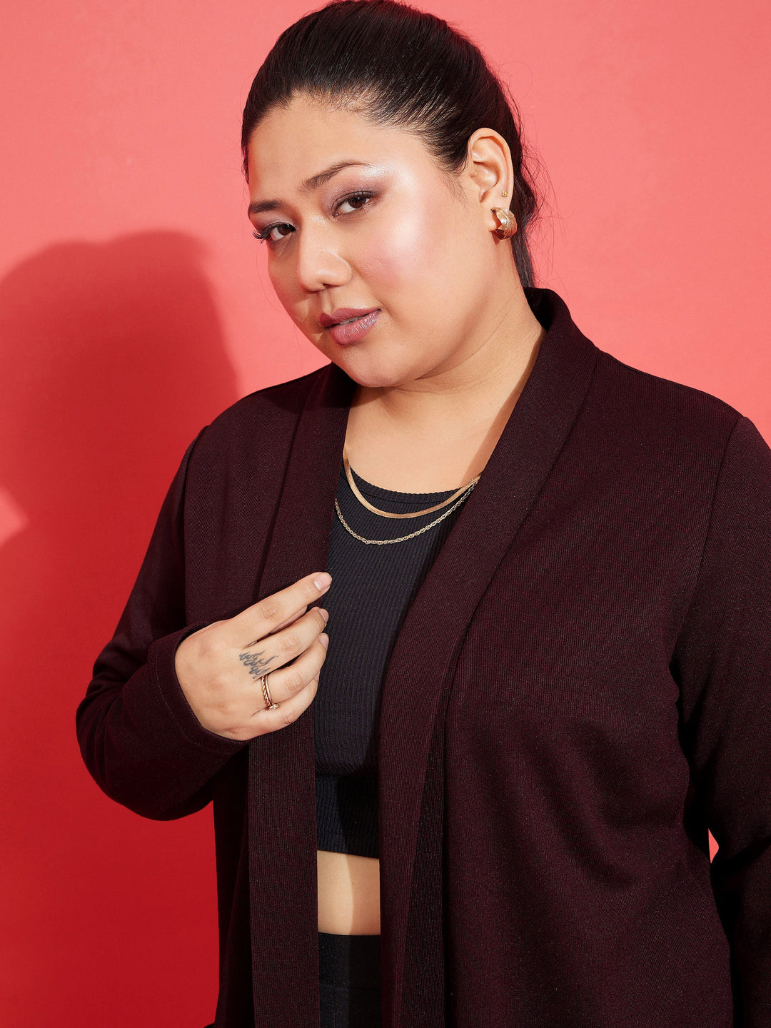 Maroon Solid Rib Front Open Shrug-SASSAFRAS Curve