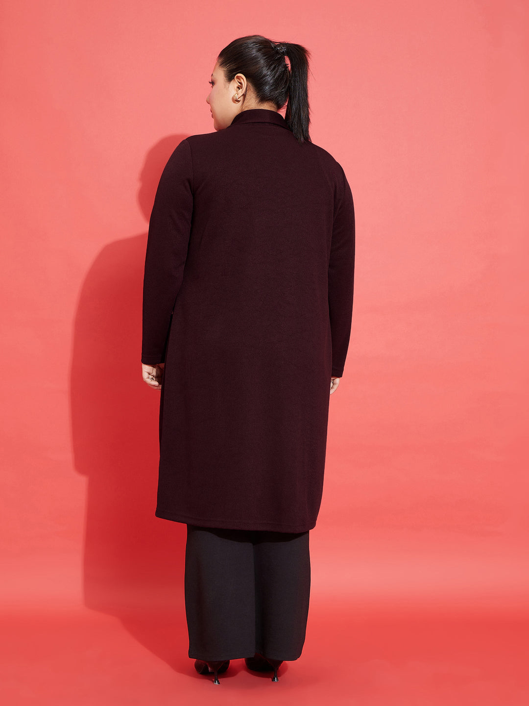 Maroon Solid Rib Front Open Shrug-SASSAFRAS Curve