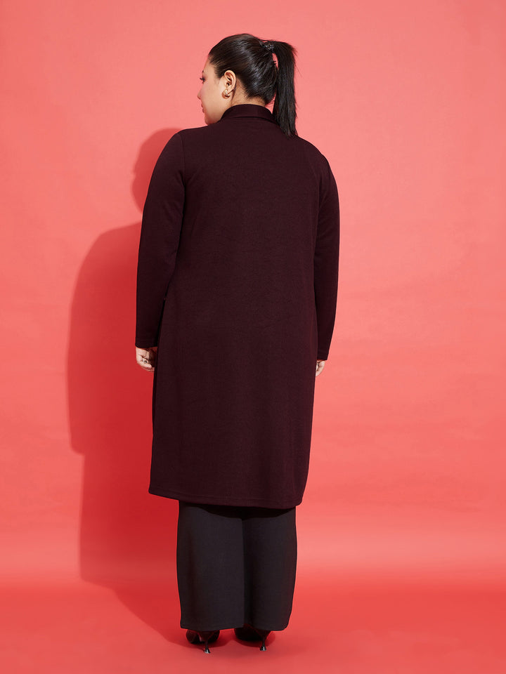 Maroon Solid Rib Front Open Shrug-SASSAFRAS Curve
