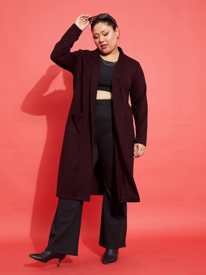 Maroon Solid Rib Front Open Shrug-SASSAFRAS Curve