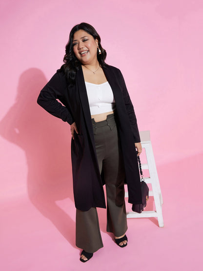 Plus size women's Black Polyester Black Solid Rib Front Open Shrug by Sassafras Curve for wholesale buyers, boutiques, resellers and bulk orders from