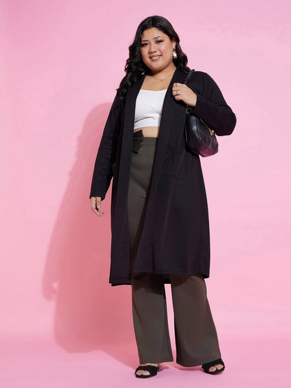 Black Solid Rib Front Open Shrug-SASSAFRAS Curve