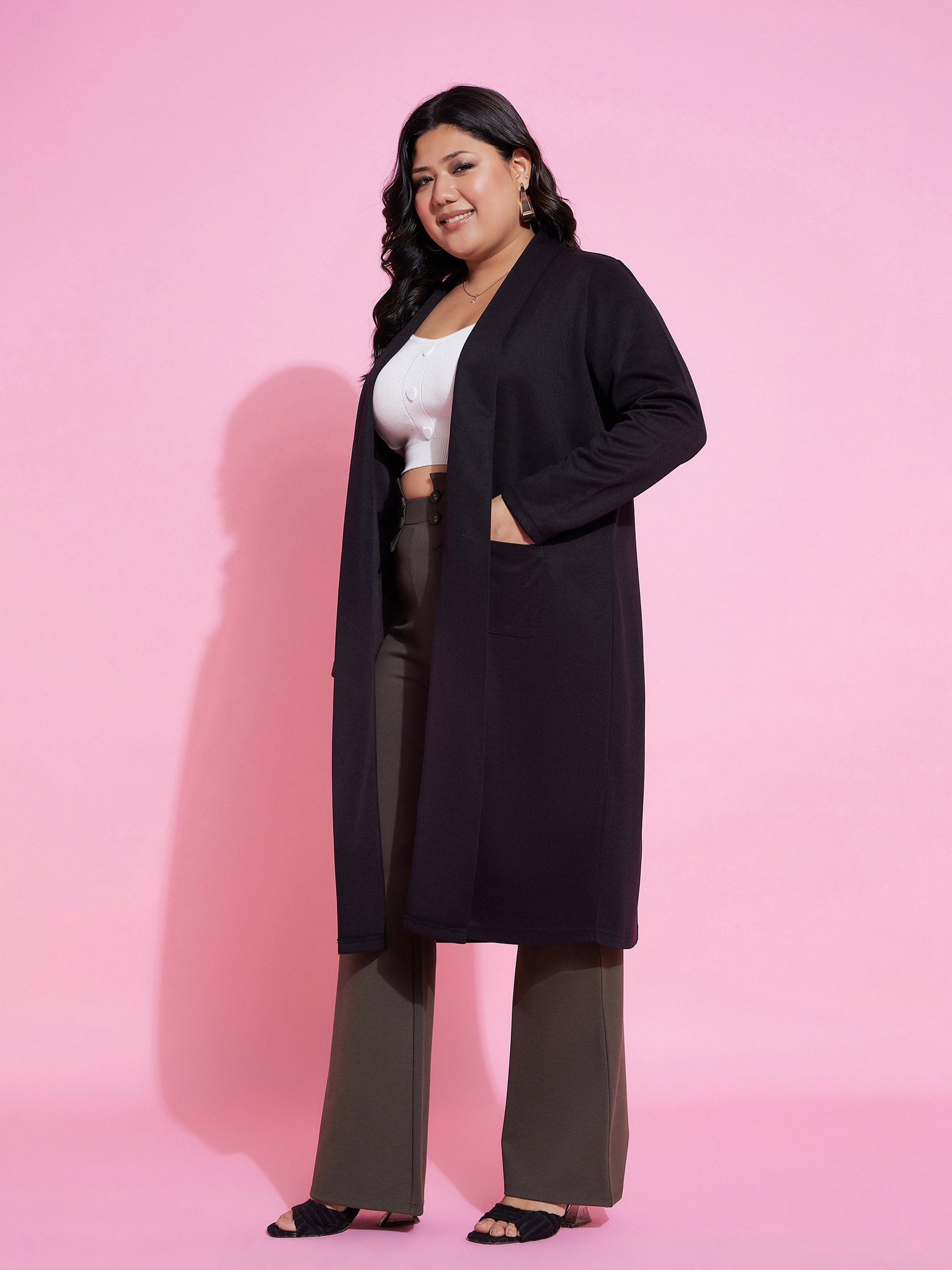 Black Solid Rib Front Open Shrug-SASSAFRAS Curve
