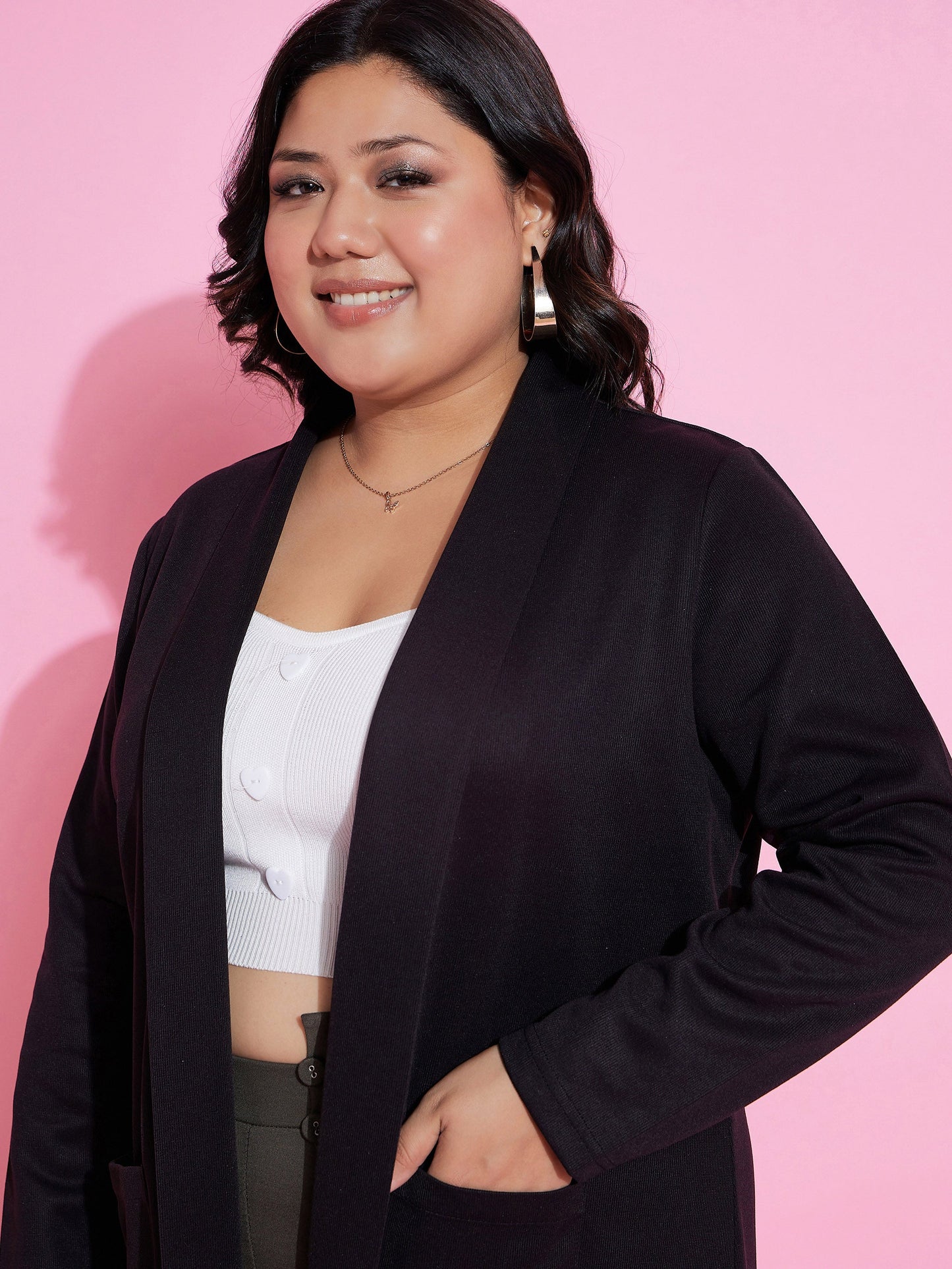 Black Solid Rib Front Open Shrug-SASSAFRAS Curve