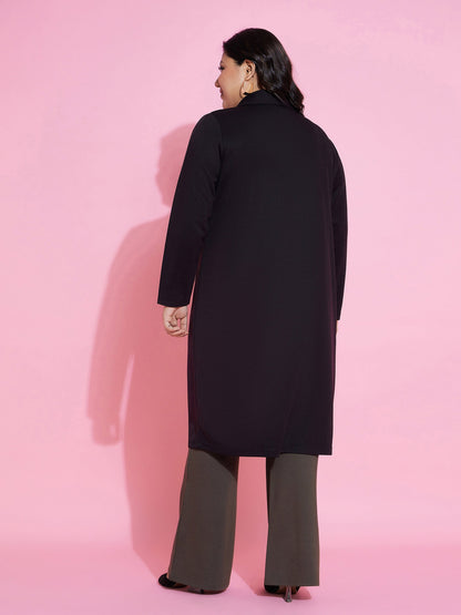 Black Solid Rib Front Open Shrug-SASSAFRAS Curve