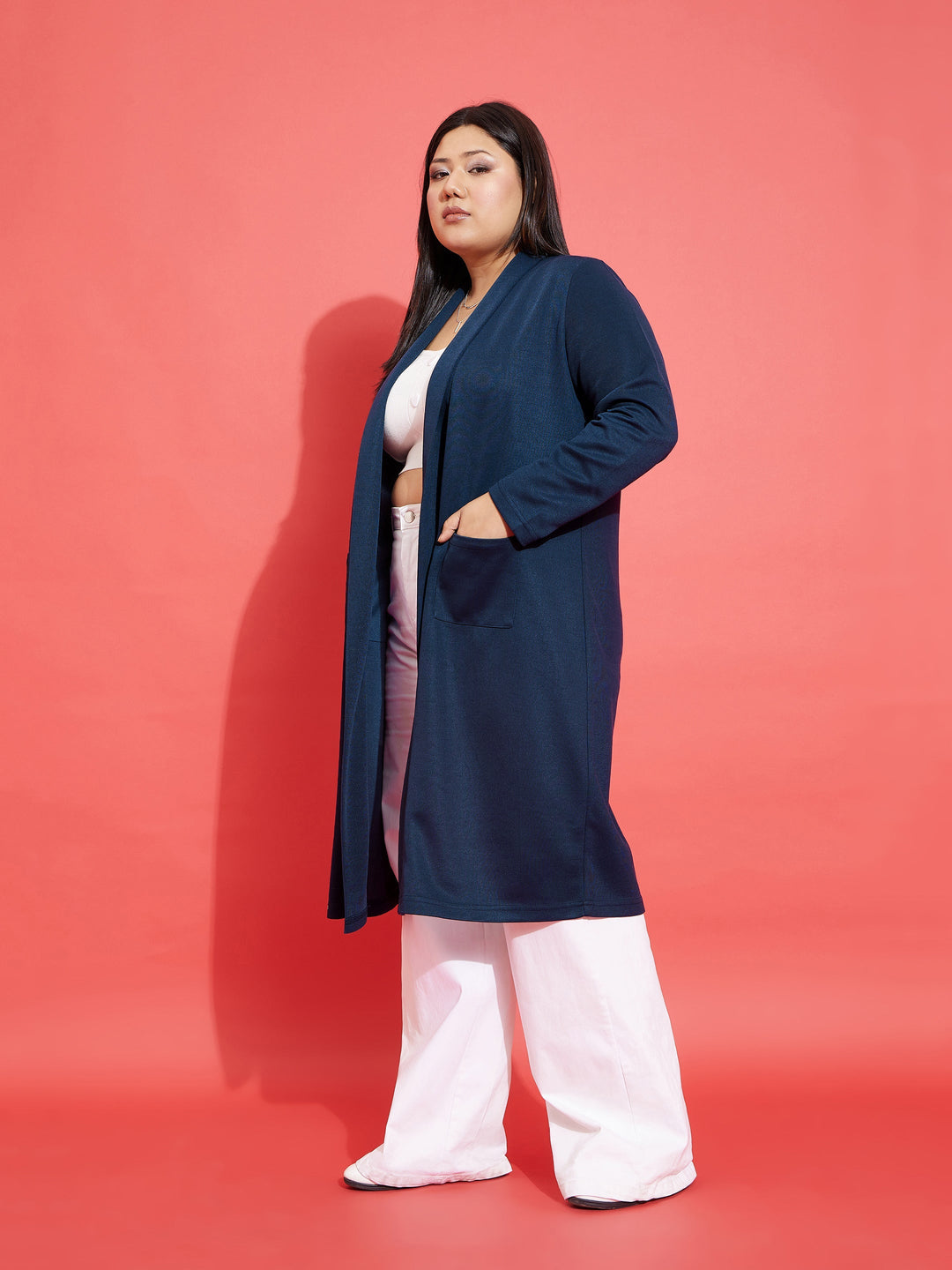 Navy Solid Rib Front Open Shrug-SASSAFRAS Curve