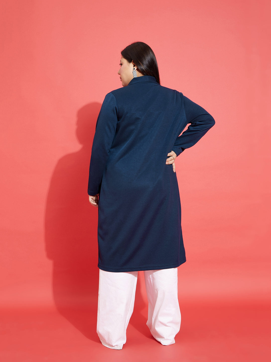 Navy Solid Rib Front Open Shrug-SASSAFRAS Curve