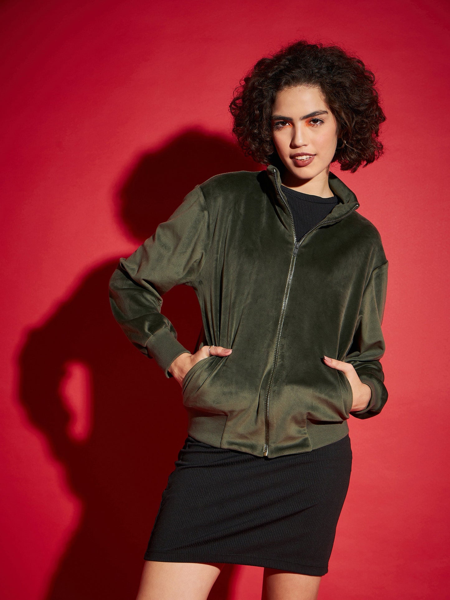 Olive Velour Zipper Jacket