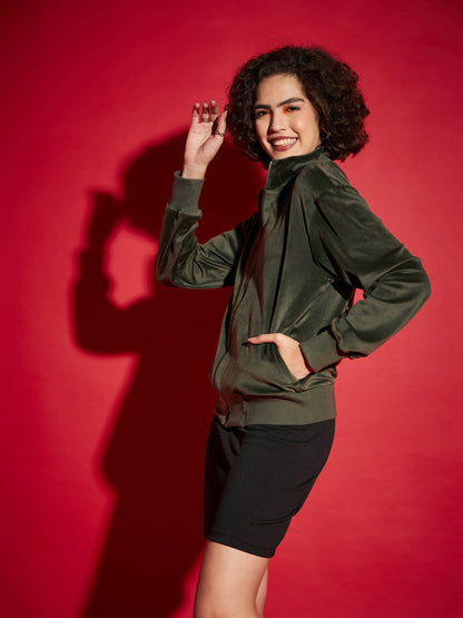 Olive Velour Zipper Jacket