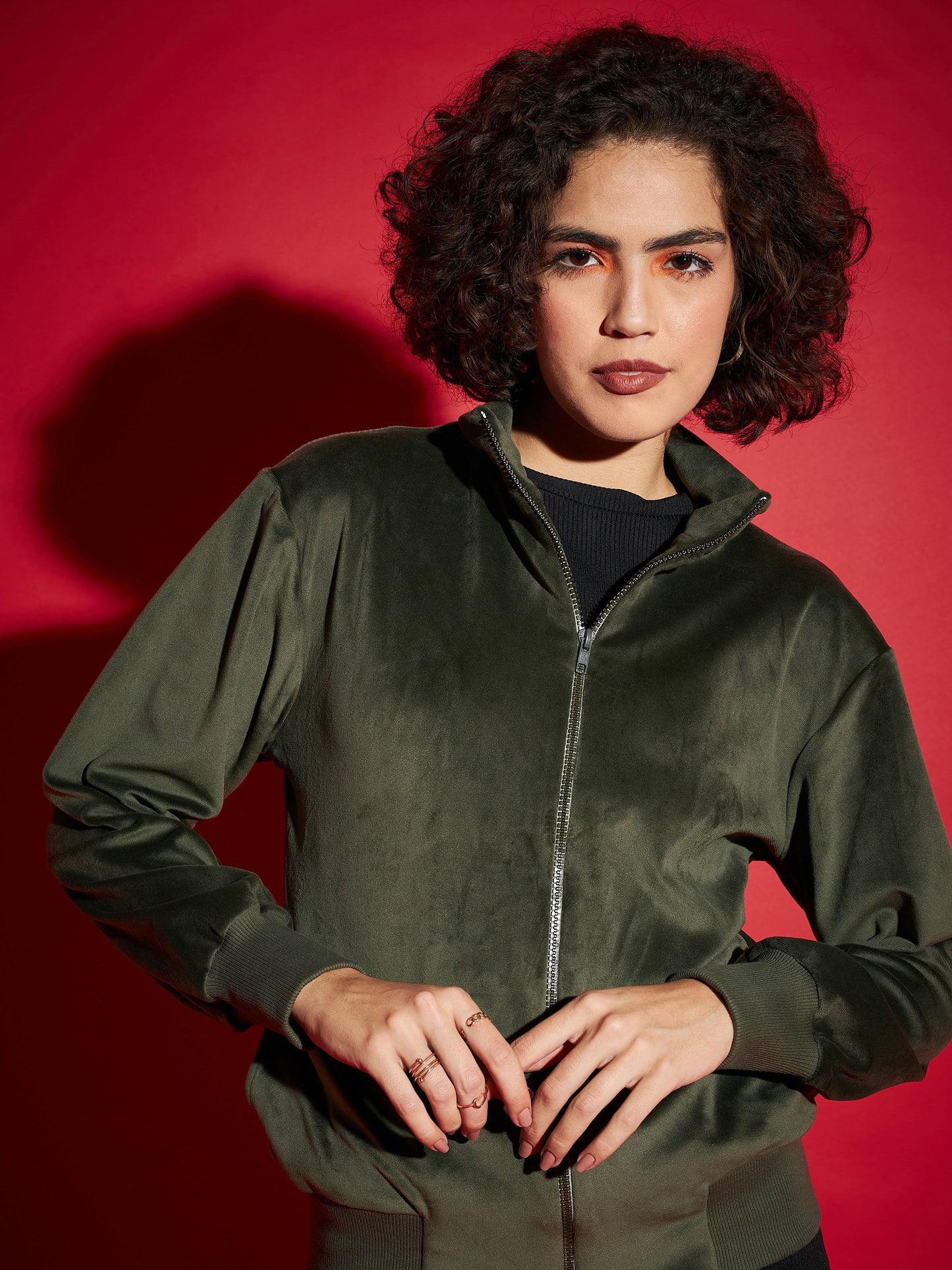 Olive Velour Zipper Jacket