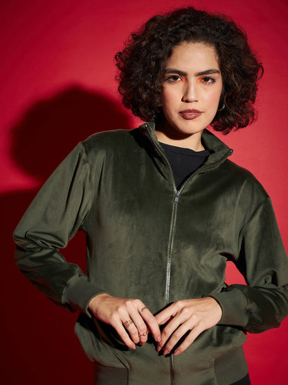 Olive Velour Zipper Jacket