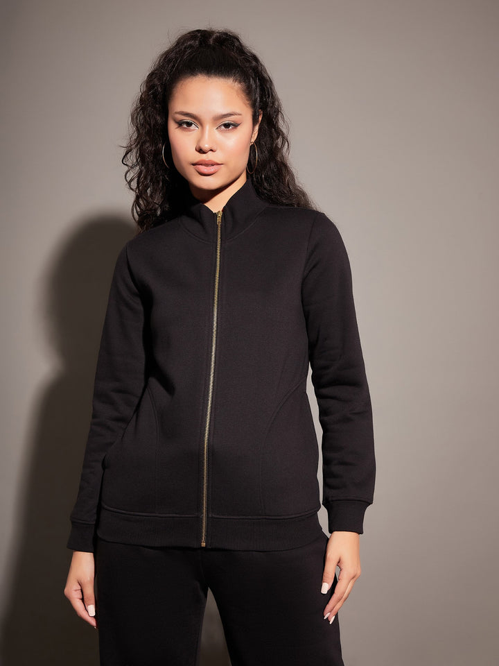 Women Black Fleece Zipper Jacket With Pant