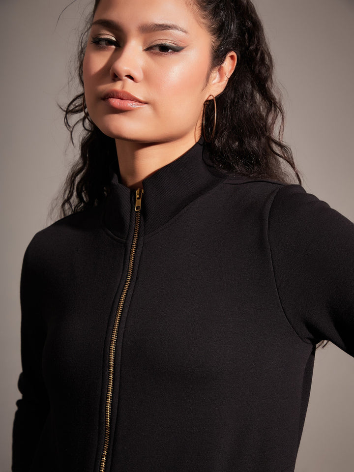 Women Black Fleece Zipper Jacket With Pant
