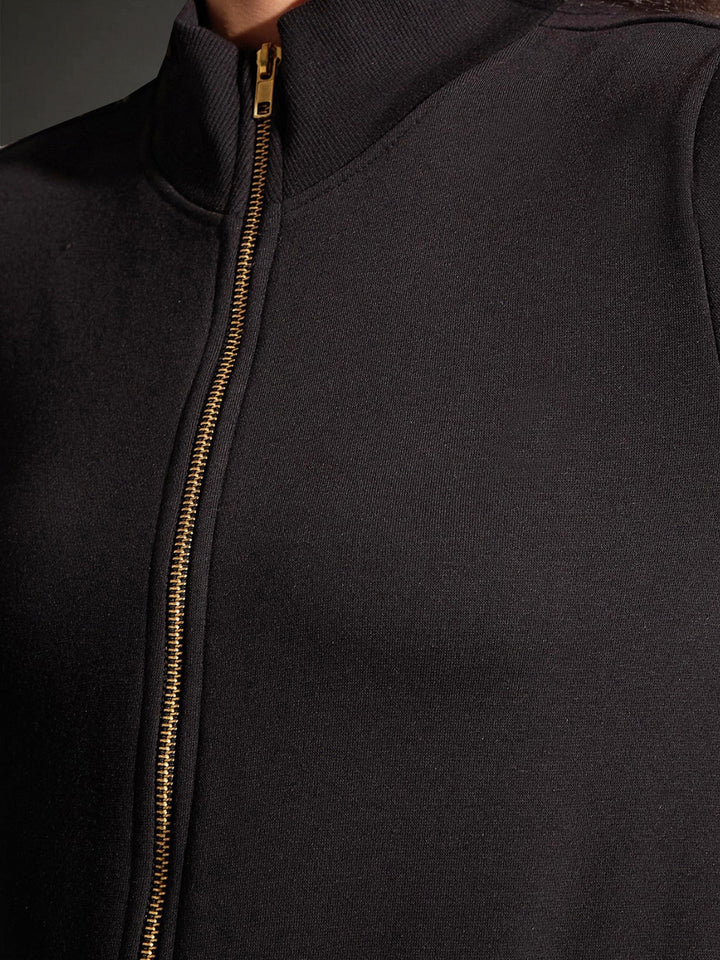 Women Black Fleece Zipper Jacket With Joggers
