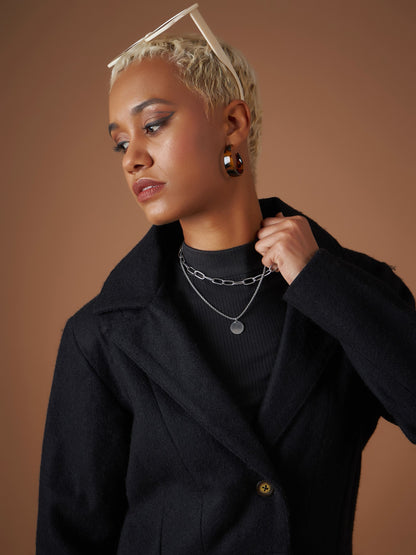 Black Tweed Notch Collar Longline Blazer