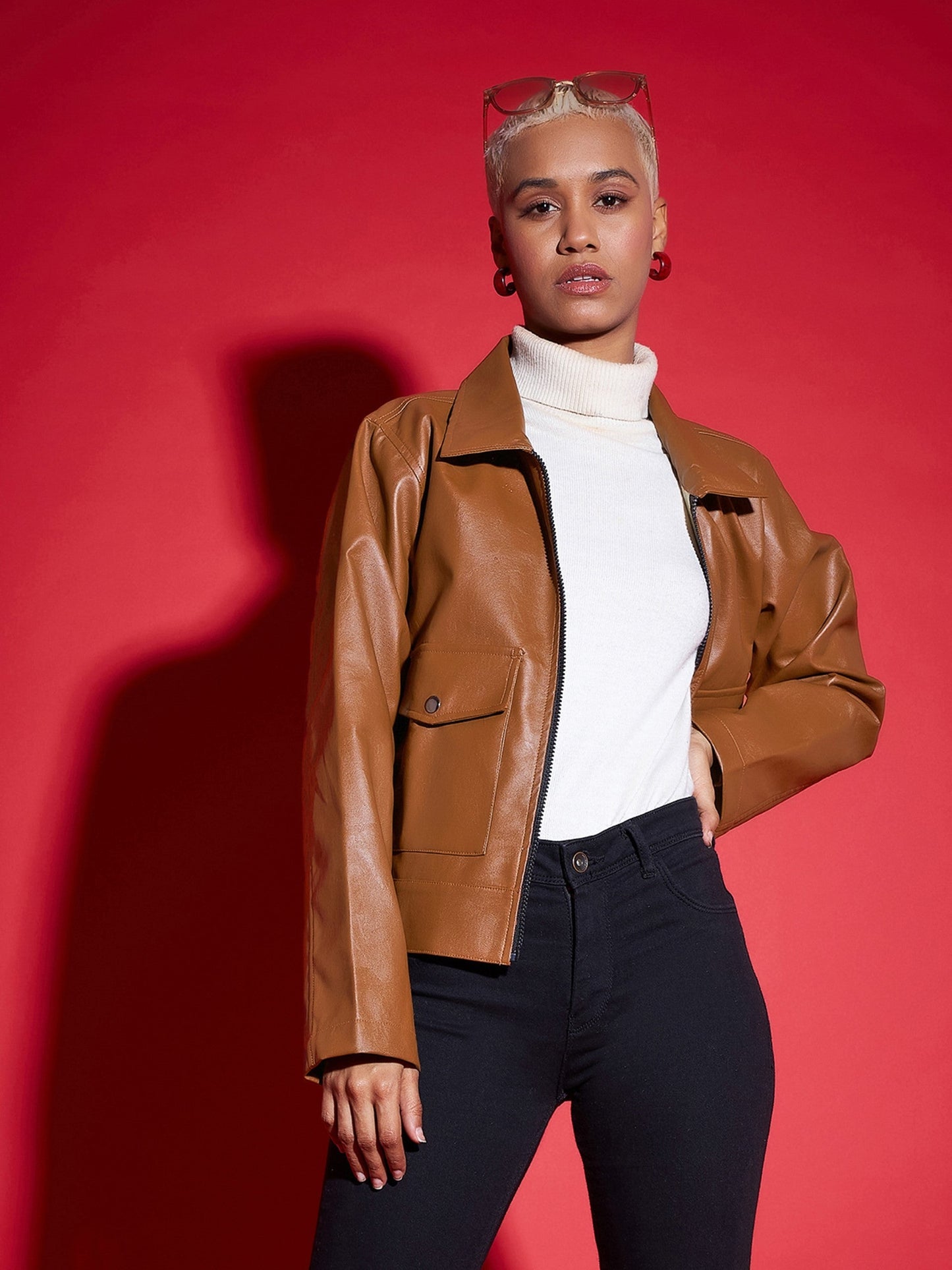 Brown PU Front Pocket Jacket