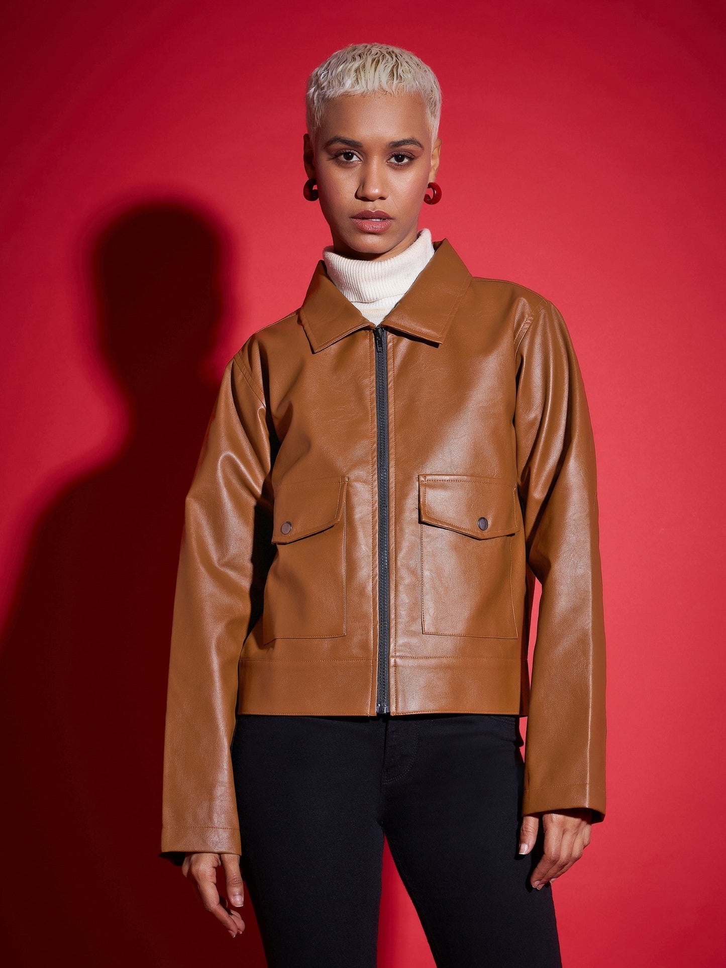 Brown PU Front Pocket Jacket