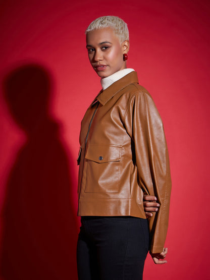 Brown PU Front Pocket Jacket