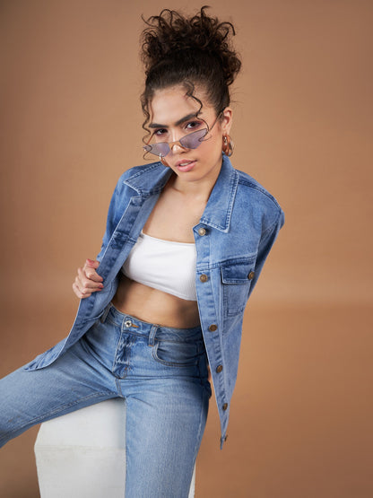 Ice Blue Washed Denim Oversized Jacket